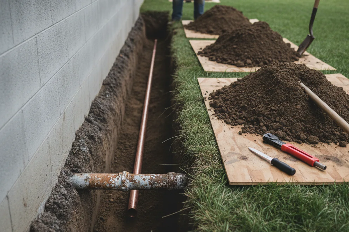 Excavated water line trench during Sewer Line Repair in East Sparta